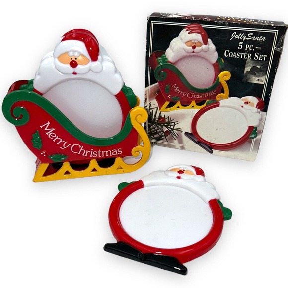 Vintage Santa and sleigh kitschy plastic holiday coaster set - Picture 1 of 8